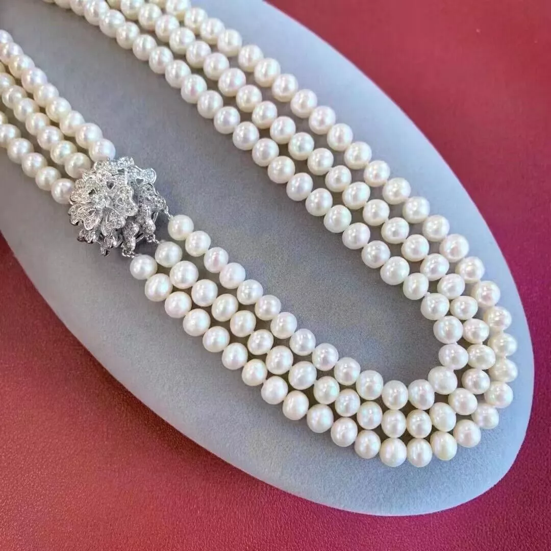 Pearl Trim Chain - 3-Strand Pearl Necklace AAA 8-9mm Natural